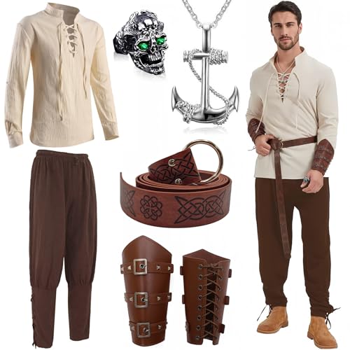 Shengruili Mittelalter Kleidung Herren Set,Mittelalter Hose Viking Kostüm,Herren Renaissance Kostüm Set,Herren Mittelalterliches Piratenhemd,Piratenhemd Herren Lang Hose Gürtel Handgelenkgurt von Shengruili