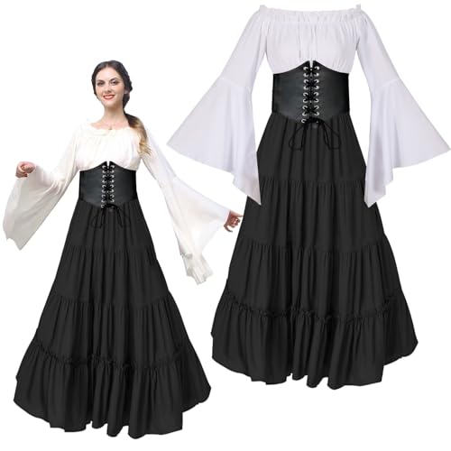 Shengruili Mittelalter Renaissance Kostüme,Traditionelles Irisches Kleid Kostüm,Kleid Damen Trompetenärmel,Gothic Retro Kleid,Vintage Kleider für Fasching Halloween Irish Kostümparty von Shengruili