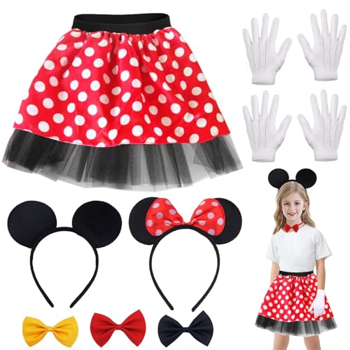 Shengruili Maus Mouse Kostüm,Minnie Mouse Kostüm,Mouse Kostüm Damen Zubehör,Mouse Tutu Rock Haarreifen,Mini Maus Karneval Kostüm Damen Fasching mit Rock Punkte,Maus Ohren,Handschuhe,Fliege von Shengruili