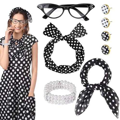 Shengruili Rockabilly Accessoires Damen,50er Jahre Damen Kleid Zubehör,1950s Zeitreise Kostüm Damen,Jahre Kostüm Zubehör Set,Bandana Krawatte für 1950s 60er Karneval Kostüm Set von Shengruili