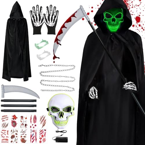 Shengruili Sensenmann Kostüm,Leuchtende Maske Set mit Sensemann Umhang,Totenkopf Handschuhe,Halloween Zahn,Aufkleber,Sense und Kette,für Halloween Karneval Cosplay von Shengruili