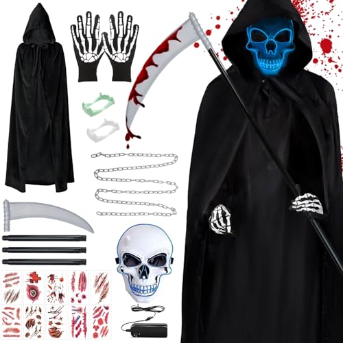 Shengruili Sensenmann Kostüm,Leuchtende Maske Set mit Sensemann Umhang,Totenkopf Handschuhe,Halloween Zahn,Aufkleber,Sense und Kette,für Halloween Karneval Cosplay von Shengruili