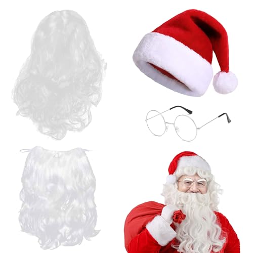 Shengruili Weihnachtsmann Kostüm Zubehör,mit Weihnachtsmütze Perücke Bart Brille,Weihnachtsmann Bart und Perücke,Weihnachtsmann Kostüm Wig für Weihnachten Heiligabend Weihnachtsparty von Shengruili