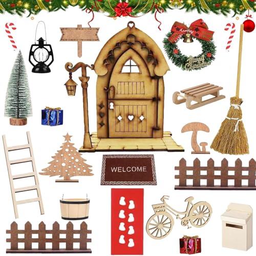 Wichteltür Weihnachten Set,Miniatur Wichtel Zubehör,mit Mini Stiefel Zuckerstangen Teppich Laterne Dekokranz Holzleiter Besen,Wichtelhaus Weihnachtsdeko,für Wichteltür Deko und 1:12 Puppenhaus von Shengruili