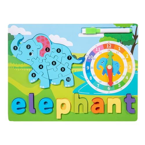 Kleinkind-Tierpuzzle,Kleinkind-Tierpuzzle - Niedliches Giraffen-Elefant-Kleinkind-Puzzle - Lernaktivitäten, Tierpuzzle mit Lernuhr-Buchstaben-Matching-Spiel für Vorschulkinder von Shenrongtong