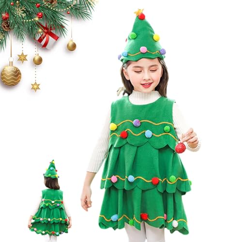 Shenrongtong Mädchen-Weihnachtsbaum-Kostüm – Weihnachtskleid mit Weihnachtsbaum-Hut | Kinder Mädchen Weihnachtsbaum Kostüm, ärmellos Patchwork Cosplay Parties Elf Dress Up Outfit Geschenke von Shenrongtong