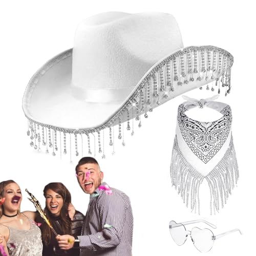 Shenrongtong Strass-Quasten-Cowgirl-Hut, Strass-Cowgirl-Hüte für Frauen - 3-teiliges Set Cowgirl-Hut für Bachelorette-Party-Kostüme,Herz-Brillen-Set für Halloween, Maskerade, Abschlussfeier, von Shenrongtong