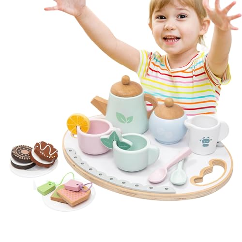 Teeservice für Mädchen, Teeservice aus Holz | Hölzernes Rollenspiel-Teeservice-Spielzeug,Spiellebensmittelset aus Holz zum Erlernen von Rollenspielen, Küchenspielset für kleine Mädchen von Shenrongtong