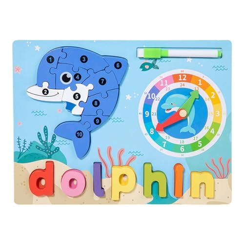 Tierpuzzle aus Holz,Tierpuzzle aus Holz für Kleinkinder,Niedliche Giraffen-Delfin-Puzzles für Kleinkinder | Lernaktivitäten, Tierpuzzle mit Lernuhr-Buchstaben-Matching-Spiel für von Shenrongtong