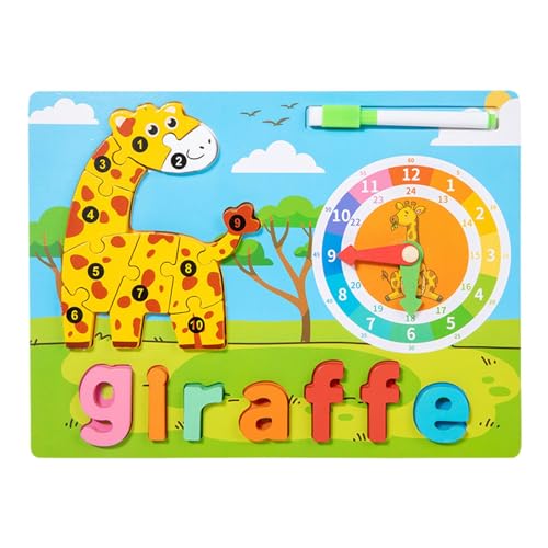 Tierpuzzles aus Holz für Kleinkinder,Tierpuzzle für Kleinkinder - Niedliches Giraffen-Elefant-Kleinkind-Puzzle,Lernaktivitäten, Tierpuzzle mit Lernuhr-Buchstaben-Matching-Spiel für von Shenrongtong