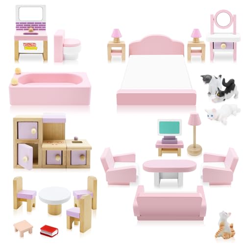 28 Stück Holz Puppenhaus Möbel Set, Kinder Puppenhaus Miniatur Zubehör mit 5 Zimmer Set inklusive Wohnzimmer Küche Esszimmer Schlafzimmer und Bad, Spielhaus Zubehör für 3+ Jahren Kinder Jungen Mädchen von Shepinsky