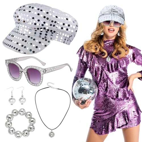 5 Stück 1970er Disco Paillettenhut Zubehör Set, 70er Disco Kostüm Kit mit Paillettenhut Sonnenbrille Ohrringe Halskette und Armband für Frauen Mädchen 70er/80er Disco Halloween Cosplay Party Supplies von Shepinsky