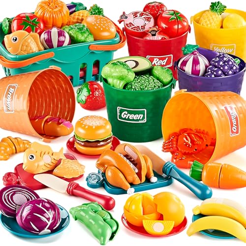 Shimfun Kinderküche Zubehör, 77pcs Schneiden Spielen Lebensmittel Spielzeug für Kleinkinder Küche mit einkaufskorb Kinder, kaufladen zubehör, spielküche zubehör, küchenzubehör Kinder von Shimfun