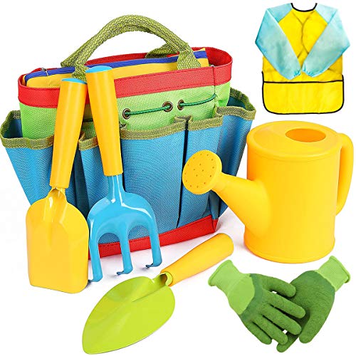 Shinelee 7 Stück Gartenspielzeug für Kinder Gartengeräte Gartenhandschuhe Kinder Garten Werkzeugtasche Gießkanne Schaufel Rechen Spaten Schürze Gartenwerkzeug Set für Kinder Jungen Mädchen von Shinelee