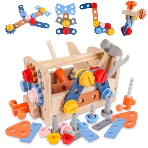 Shinescent Werkzeugkasten Spiel aus Holz 38 Stück Holzbaukasten DIY Spielzeug für Kinder Bildungsgeschenk für Kinder ab 3 Jahren von Shinescent