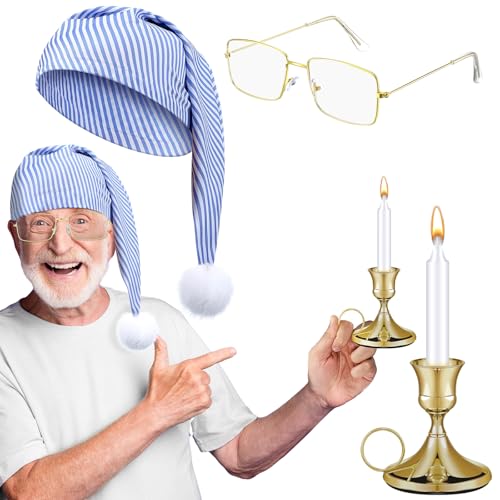 ShinyMatch 4 Stück Halloween-Herren-Nachthut, Zubehör, inklusive Nachtschlafkappe, Brille, weiße Kerze und Halter (gestreifter Stil) von ShinyMatch