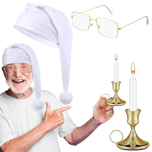 ShinyMatch 4 Stück Halloween-Herren-Nachthut, Zubehör, inklusive Nachtschlafkappe, Brille, weiße Kerze und Halter (solider Stil) von ShinyMatch