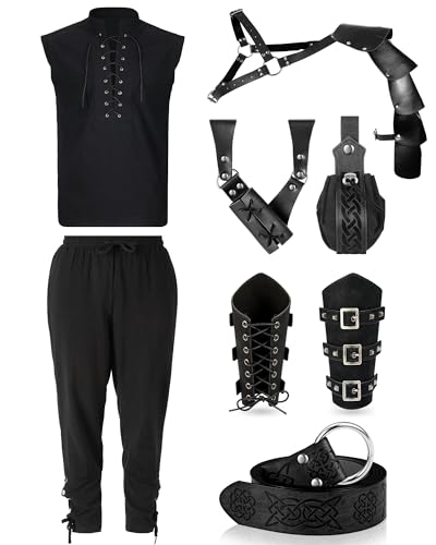 ShinyMatch Renaissance-Kostüm-Set für Herren, Hemd, Hose, Gürtel, Schulterschutz, Tasche, Armschiene, Schwert, Tasche für Halloween, Schwarz, Größe M, 7-teilig von ShinyMatch