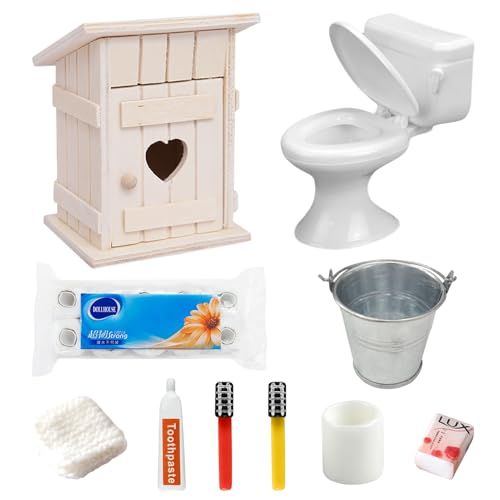 Shinybox 10 Stück Miniatur Puppenhaus Zubehör, Miniatur Toilettenhäuschen, Toilette, 6 Stück Badezimmer Zubehör, 10 Rollen Toilettenpapier und Eimer, Miniatur Zubehör Badezimmer, DIY Dekor Geschenk von Shinybox