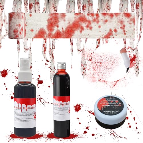 Shinybox 4 Stück Halloween Deko, 8 cm x 10 M Halloween-Blutbandage, 60ml Kunstblut Spray und 60ml Tropfendes Kunstblut und 30ml Wundschorf Kunstblut, Blutige Horror Gaze, Halloween-Tricks-Requisiten von Shinybox