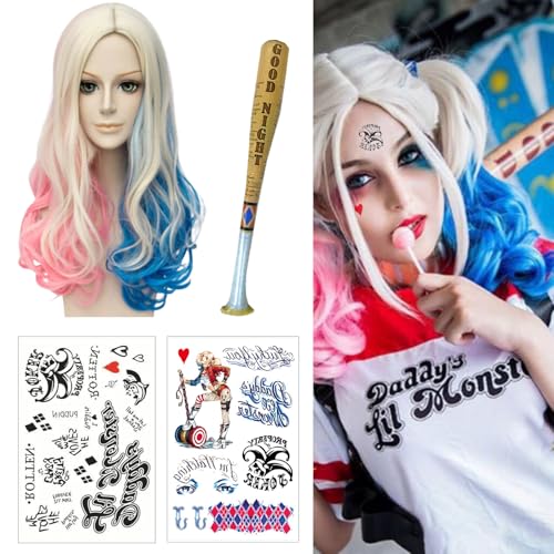 Shinybox Quinn Cosplay Perücke, Kostüm Cosplay Perücke mit Baseballschläger Aufblasbar und Temporäre Tattoos, Suicide Squad Zubehör Perücke für Karneval Halloween Fasching Kostüme Party von Shinybox