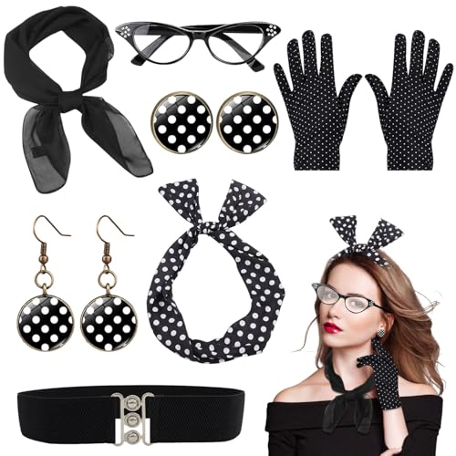 Shinybox 50er Jahre Damen Accessoires, 7 Stück 1950s Kostüm Accessoires mit Chiffon Schal Polka Dot Stirnband Ohrringe Ohrstecker Handschuhe Gürtel Brille für Karneval Kostüm Set von Shinybox