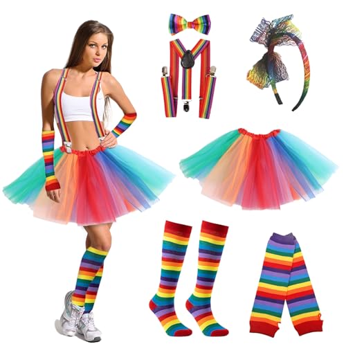 Shinybox 80s Kostüm Accessoires, 6 Stück Regenbogen Tüllrock, Kniestrümpfe Damen Bunt, Fingerlose Handschuhe, Bunt Stirnband, Bow Tie und Suspender, Regenbogen Kostüm für Karnevalpartys Accessoires(A) von Shinybox