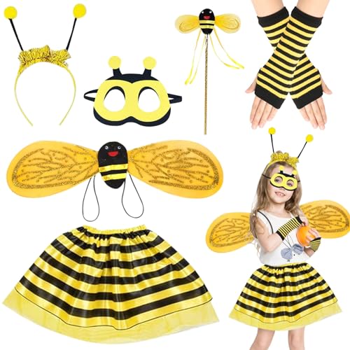 Shinybox Bienen Kostüm Mädchen, 6 Stück Bienen Kostüm für Kinder mit Flügeln, Tüllrock, Haarreif, Zauberstab, Handschuhe, Scheuklappen, Mädchen Karneval Kostüm für Halloween, Cosplay, Rollenspiele von Shinybox