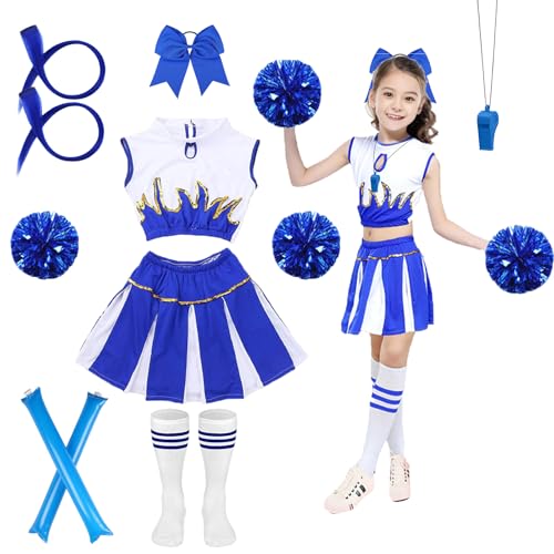 Shinybox Cheerleader Kostüm Kinder, Faschingskostüme Kinder Cheerleading mit Pompons, Socken, Pfeift Aufblasbare Cheer Sticks, Bowknot Kopfschmuck und Perücken für Karneval Halloween(Blau,140) von Shinybox