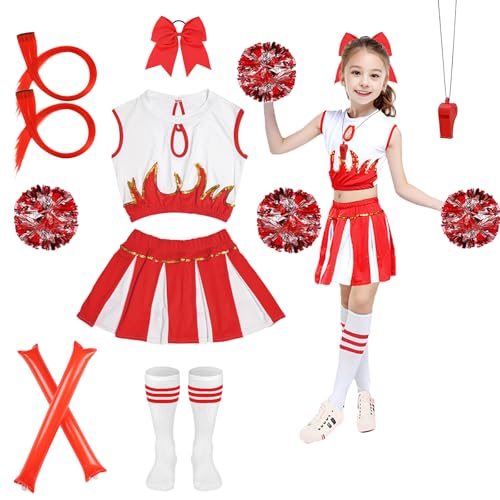 Shinybox Cheerleader Kostüm Kinder, Faschingskostüme Kinder Cheerleading mit Pompons, Socken, Pfeift Aufblasbare Cheer Sticks, Bowknot Kopfschmuck und Perücken für Karneval Halloween(Rot,140) von Shinybox