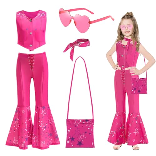 Shinybox Cowgirl Kostüm für Mädchen Kinder, 5 Stück Hippie Disco Kostüm, Rose Ausgestellte Hose mit Tasche, Brille, Kinder Western Kostüm, Karneval Kostüm Mädchen für Halloween Cosplay Geburtstag(S) von Shinybox