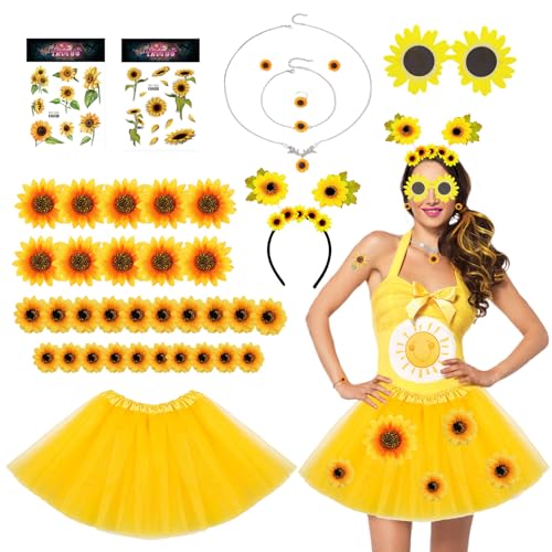 Shinybox Damen Sonnenblumen Kostüm, 39 Stück Tutu Rock Gelb Tüllrock, Sonnenblumen Haarschmuck Halskette Earrings Ring Armbänder Tattoos Sonnenbrille, 30 Blütenköpfe für Karneval Copslay Party von Shinybox