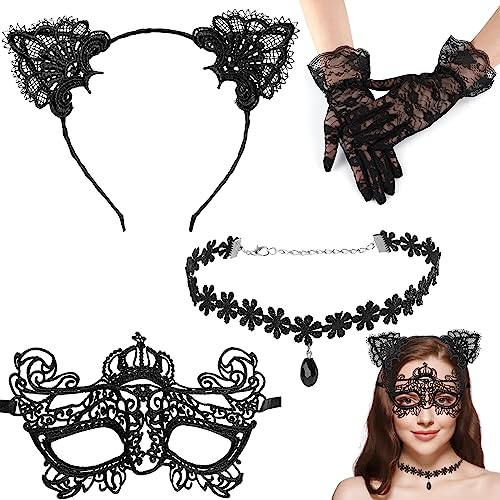 Shinybox Damen Spitze Augenmaske Kit, 4 Stück Haarreifen mit Ohren, Spitzenmaske Set und Spitzenhalskette, Spitzen Handschuhe, Maskenspie Kopfband Kostüm Accessories für Halloween Fasching Karneval(B) von Shinybox