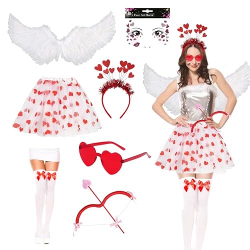 Shinybox Déguisement de Cupidon Femme, 7 Pièces Tutu, Ensemble de Flèche et D'arc Cupidon, Ailes d'ange, Bandeaux en Forme de Cœur, Bas avec Nœud, Autocollants et Lunettes pour Valentin Carnaval von Shinybox