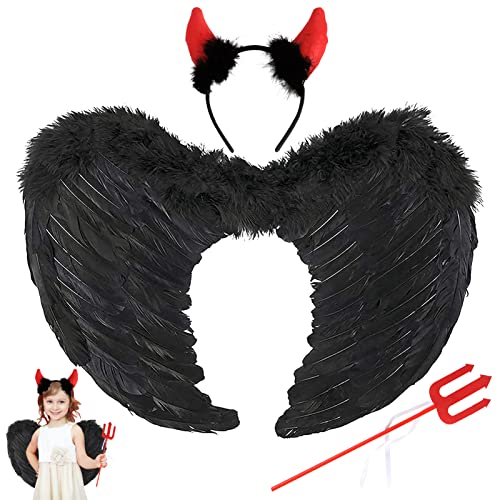 Shinybox Engels Flügel Kostüm, 45cm Hook Schwarze Flügel mit Teufelshörner und Heugabel Teufel, Engelsflügel Deko, Party Fasching Kostüme, Kostümparty Verkleidung, Cosplay Party Kostüme Deko von Shinybox