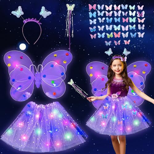 Shinybox Feen Kostüm Kinder für Mädchen, 42 Stück LED Schmetterling Flügel Tutu Rock Zauberstab Stirnband mit 38 DIY Schmetterling Dekoration, Feenflügel Kinder Schmetterling für Cosplay Party(Lila) von Shinybox