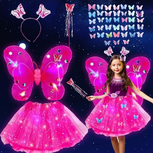 Shinybox Feen Kostüm Kinder für Mädchen, 42 Stück LED Schmetterling Flügel Tutu Rock Zauberstab Stirnband mit 38 DIY Schmetterling Dekoration, Feenflügel Kinder Schmetterling für Cosplay Party(Rose) von Shinybox