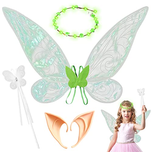 Shinybox Feenflügel Kostüm Set, 4 Stück Feenflügel Erwachsene Feenflügel Kinder, Feenflügel Set mit Elfenohren Kranz Zauberstab für Halloween Geburtstag Weihnachten Themed Party Karneval Cosplay(Grün) von Shinybox