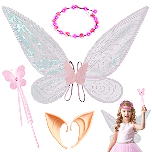 Shinybox Feenflügel Kostüm Set, 4 Stück Feenflügel Erwachsene Feenflügel Kinder, Feenflügel Set mit Elfenohren Kranz Zauberstab für Halloween Geburtstag Weihnachten Themed Party Karneval Cosplay(Rosa) von Shinybox