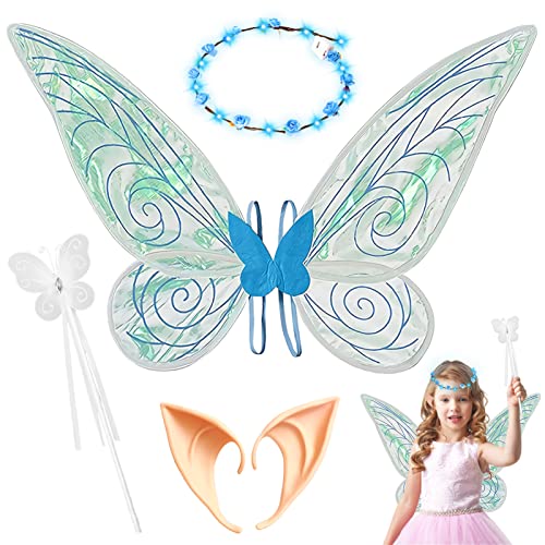 Shinybox Feenflügel Kostüm Set, 4 Stück Feenflügel Erwachsene Feenflügel Kinder, Feenflügel Set mit Elfenohren Kranz Zauberstab für Halloween Geburtstag Weihnachten Themed Party Karneval Cosplay(Blau) von Shinybox