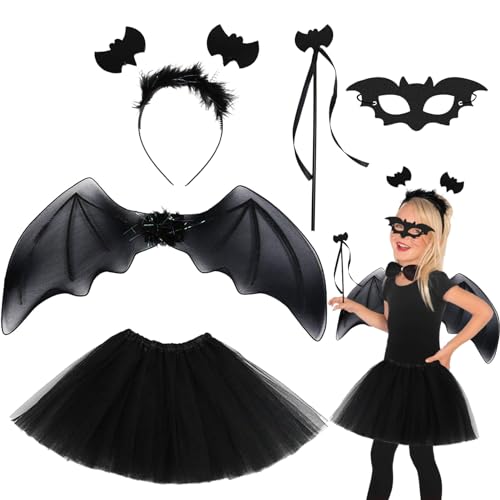 Shinybox Fledermaus Kostüm Kinder, 5 Stück Fledermaus Rock Kostüm Set mit Flügel, Tutu, Haarreif, Stab und Maske, Kinder Fledermaus Kostüm für Halloween, Karneval, Vampir Cosplay Party(Schwarz A) von Shinybox