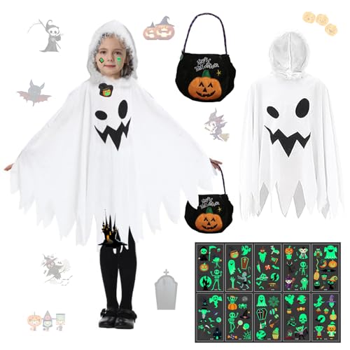 Shinybox Halloween Kostüm Kinder, Umhang Gespenst mit Kürbis Tasche und 10 Dunkeln leuchtende Tattoo-Aufkleber, Weiß Gespenst Kostüm, Kinder Halloween Geist Umhang für Karneval Fasching Cosplay von Shinybox