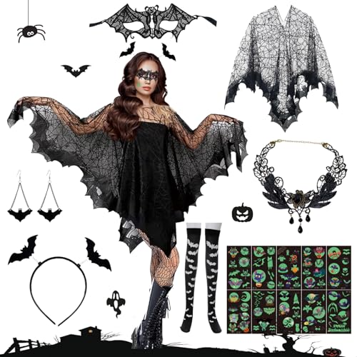 Shinybox Halloween Kostüm Set, 16 Stück Halloween Kostüm Fledermäuse mit Poncho, Maske, Haarreifen, Strümpfe, Halsketten, Ohrringe, Halloween Glüh Tattoo Aufkleber für Dress Up Party(Fledermäuse) von Shinybox