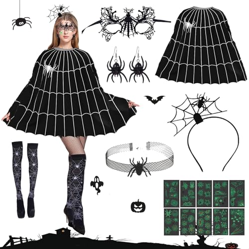 Shinybox Halloween Kostüm Set, 16 Stück Halloween Kostüm Spinne mit Poncho, Maske, Haarreifen, Strümpfe, Halsketten, Ohrringe, Halloween Glüh Tattoo Aufkleber für Halloween Dress Up Party(Spinnen) von Shinybox