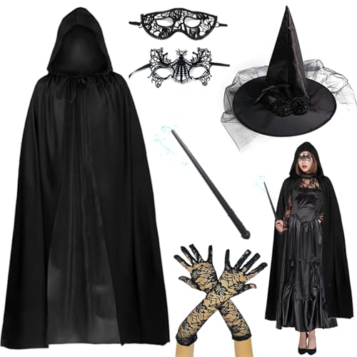 Shinybox Hexenkostüm Damen Halloween, 7 Stück Halloween Kostüm Damen mit Schwarzer Umhang, Hexenhut, Zauberstab, Spitze Maske, Handschuhe Lang, Halloween Kostüm Damen Hexe für Cosplay und Maskerade von Shinybox