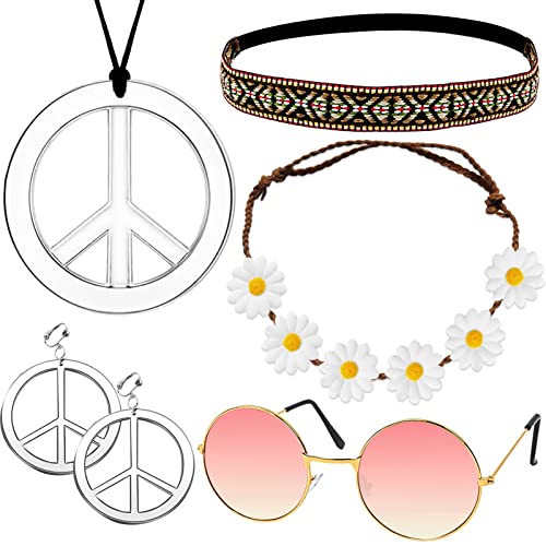 Shinybox Hippie Kostüm Set, 6 Stück Hippie Kostüm Accessoires Vintage, Ankleidezubehör Hippie Partyzubehör, Hippie Kleidung Damen Herren Accessoires, 60 70er Jahre Bekleidung, Hippie Party Zubehör(A) von Shinybox