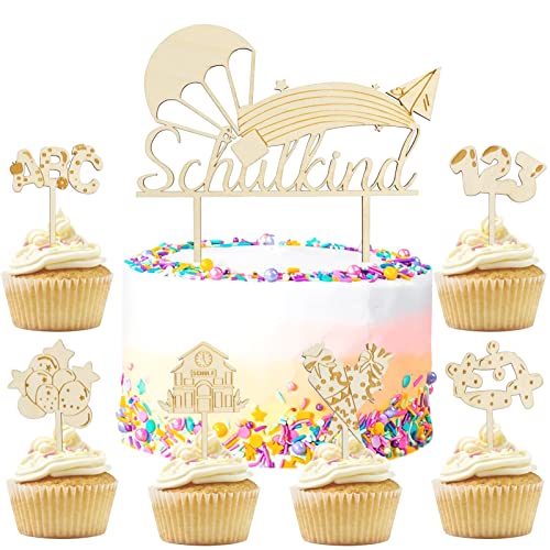 Shinybox Holz Tortendeko Einschulung Schulanfang, 7 Stück Einschulung Cupcake Topper Dekorationen, Schulanfang Tortendeko, Tortendeko Schulanfang Party Deko für Junge Mädchen Kinder von Shinybox