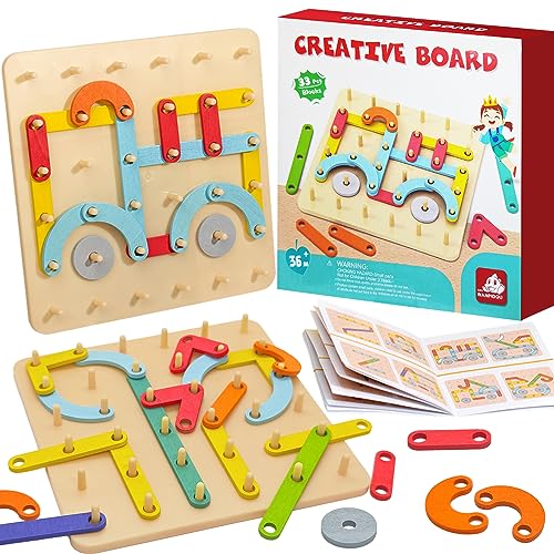 Shinybox Holzpuzzle Montessori Spielzeug, Montessori Stecktafel Puzzle mit Muster Karten, Holz Geoboard Geometriebrett Lernspiele, Holzpuzzle für Kleinkinder, Holz Geobrett für Kinder Jungen Mädchen von Shinybox