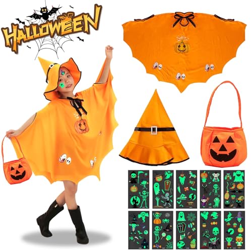 Shinybox Kinder Halloween Kostüm, Halloween Fledermaus Umhang mit Hut, Kürbis Tasche, Leuchtende Tattoo-Aufkleber, Fledermaus Umhang Kostüm für Jungen Mädchen Halloween Cosplay Party(Orange) von Shinybox