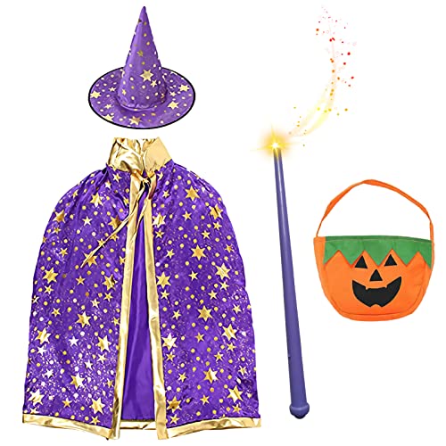 Shinybox Kinder Halloween Kostüm, Hexe Zauberer Umhang mit Hut, Kürbis Candy Bag, Zauberstab, Hexen Mantel Stern Cape Zauberhut, Kinder Hexe Kostüm, Zauberer Umhang Kinder für Kinder Halloween Cosplay von Shinybox